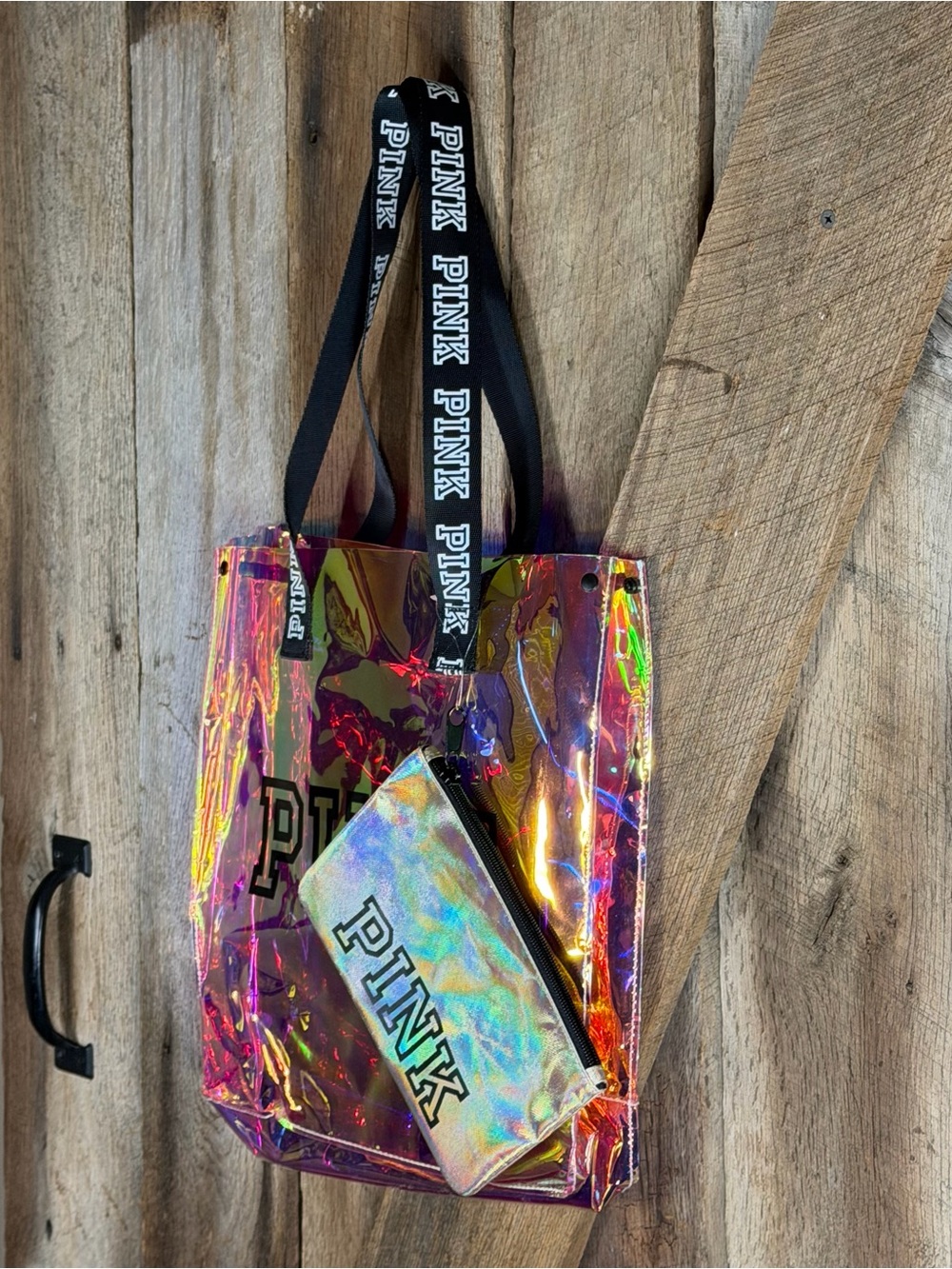 PINK Victoria's Secret Iridescent Holographic Tote Bag with Wristlet - Picture 2 of 7